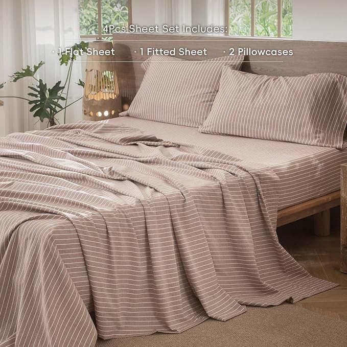 MooMee Striped Sheet Set 100% Washed Cotton Linen Like Textured Breathable Durable Soft Comfy (Dark Orange White Wide Stripes, King)