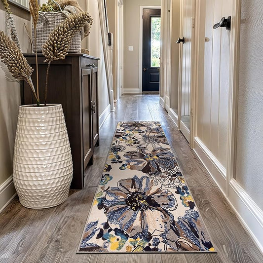 Rugshop Cream Bright Flowers Non Slip Non-Shedding Runner Rug for Hallway, Entryway and Kitchen, 2'7" x 10'
