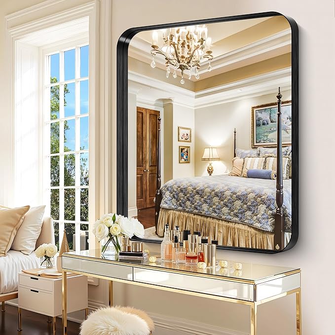 CIRCUMI Black Bathroom Mirror, 40"x48" Rectangular Mirror with Deep Metal Frame, Rounded Corner, Tempered Glass, Large Mirror for Wall, Over 2 Sinks, Installed Vertically/Horizontally, Crystal-Clear