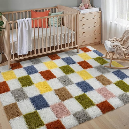 Checkered Rug 4x6 for Living Room, Colorful Modern Shag Rug Super Soft Washable Fluffy Rugs Indoor Fuzzy Carpet for Bedroom Home Dorm Aesthetic Decor