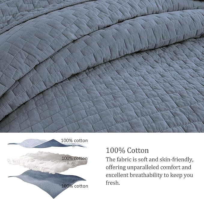 palassio Blue Grey 100% Cotton Quilt California Cal King Size Bedding Sets with 2 Pillow Shams, Oversized Lightweight Bedspread Shabby Chic Coverlet, Soft Bed Cover for All Season, 3 Pieces