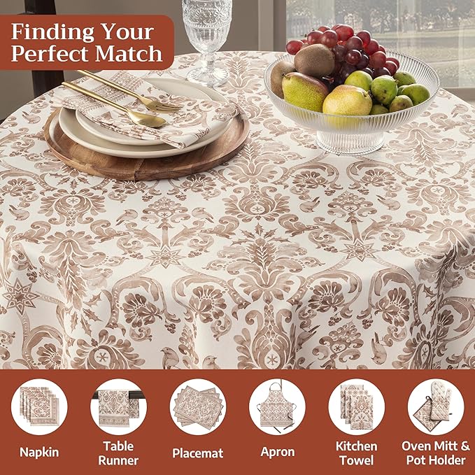 Maison d' Hermine Table Cloth Round Table 100% Cotton 63 Inches Fall Tablecloth Reusable Everyday Use for Thanksgiving Christmas Decorations Dining Farmhouse Party (Allure)