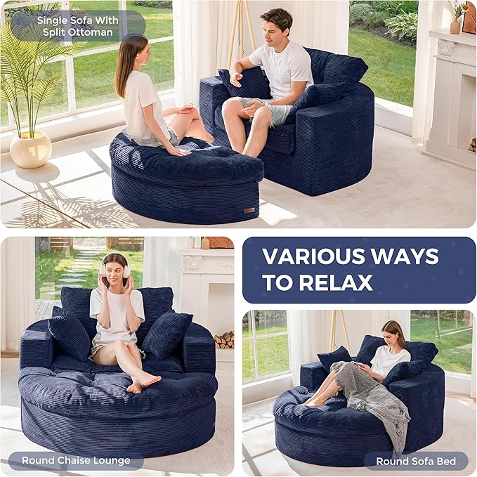 MAXYOYO Oversized Round Chaise Lounge Sofa, Upholstered Lounge Chair with 3 Pillows, Boneless Sofa Couch with Ottoman, Deep Seat Chair for Living Room, Bedroom, No Assembly, Navy