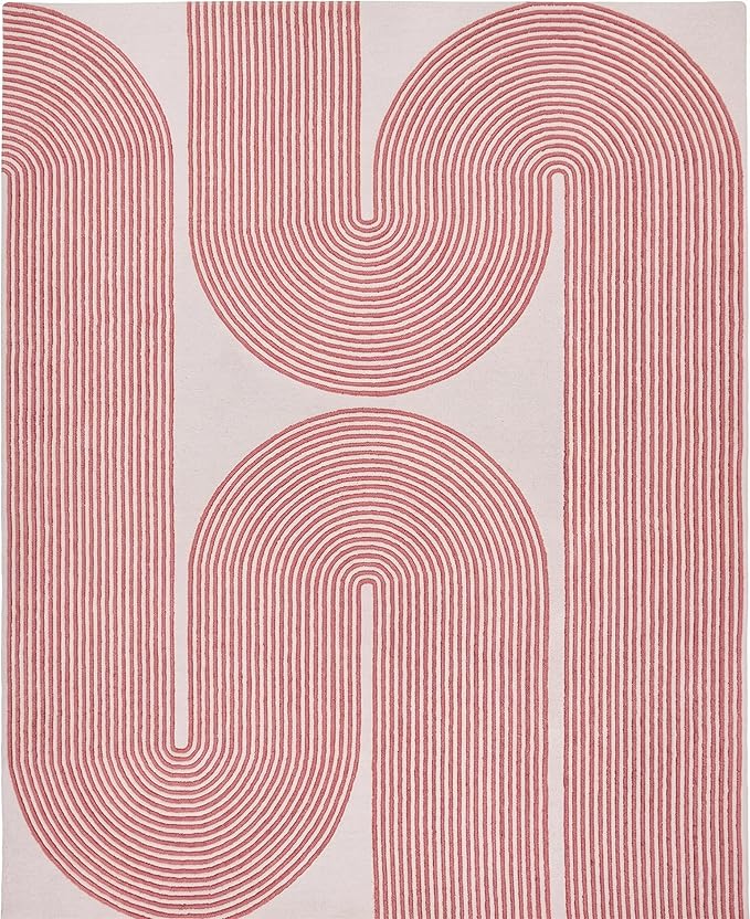 Modern Handmade Wool Area Rug, Abstract Curved Line Geometric Indoor Carpet for Living Room Bedroom, Contemporary Tufted Rug with Soft Pile and Cotton Backing (Dusty Rose, 10' x 14')