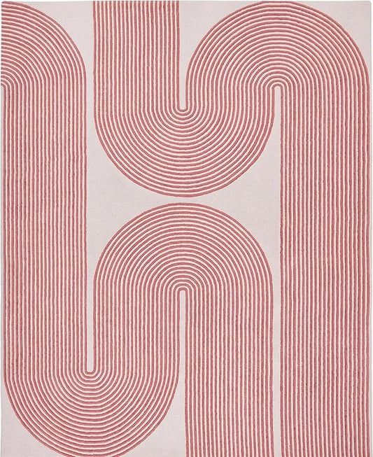 Modern Handmade Wool Area Rug, Abstract Curved Line Geometric Indoor Carpet for Living Room Bedroom, Contemporary Tufted Rug with Soft Pile and Cotton Backing (Dusty Rose, 10' x 14')