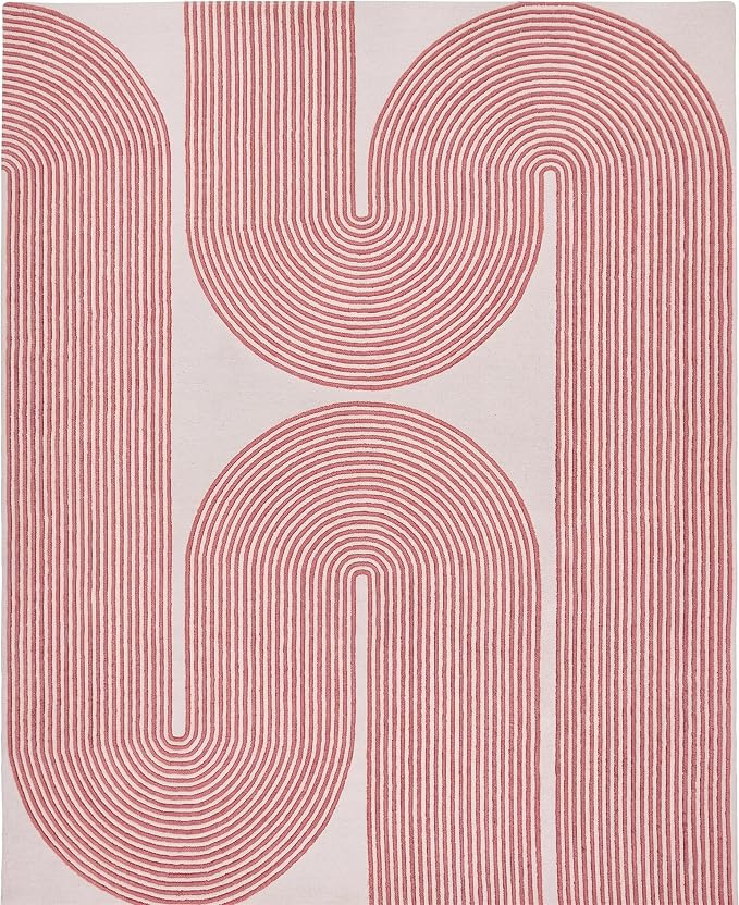 Modern Handmade Wool Area Rug, Abstract Curved Line Geometric Indoor Carpet for Living Room Bedroom, Contemporary Tufted Rug with Soft Pile and Cotton Backing (Dusty Rose, 8' x 10')