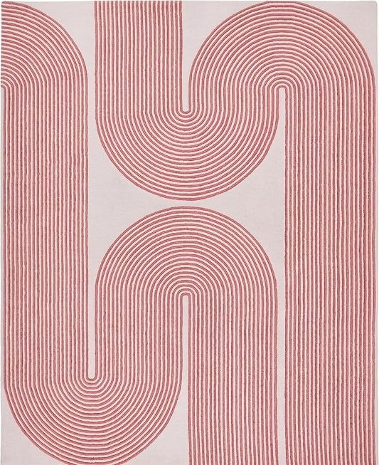 Modern Handmade Wool Area Rug, Abstract Curved Line Geometric Indoor Carpet for Living Room Bedroom, Contemporary Tufted Rug with Soft Pile and Cotton Backing (Dusty Rose, 9' x 12')