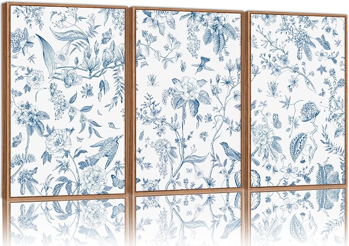 KaiWithYuan Large Navy Blue and White Floral Framed Canvas Wall Art, Classic Chinoiserie Peony Flower Wall Decor, Indigo Birds Art Paintings, Botanical Artwork for Living Room Bedroom Office 16"x24"x3