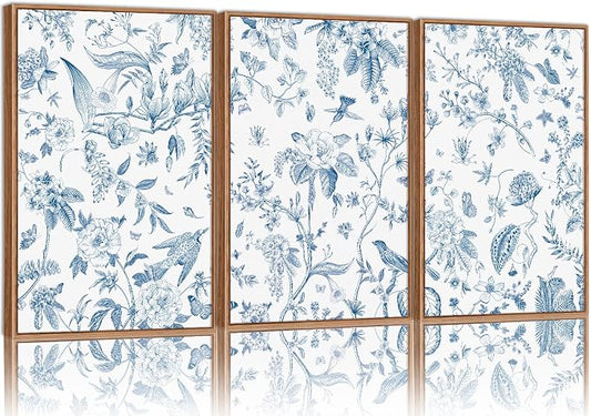 KaiWithYuan Large Navy Blue and White Floral Framed Canvas Wall Art, Classic Chinoiserie Peony Flower Wall Decor, Indigo Birds Art Paintings, Botanical Artwork for Living Room Bedroom Office 16"x24"x3