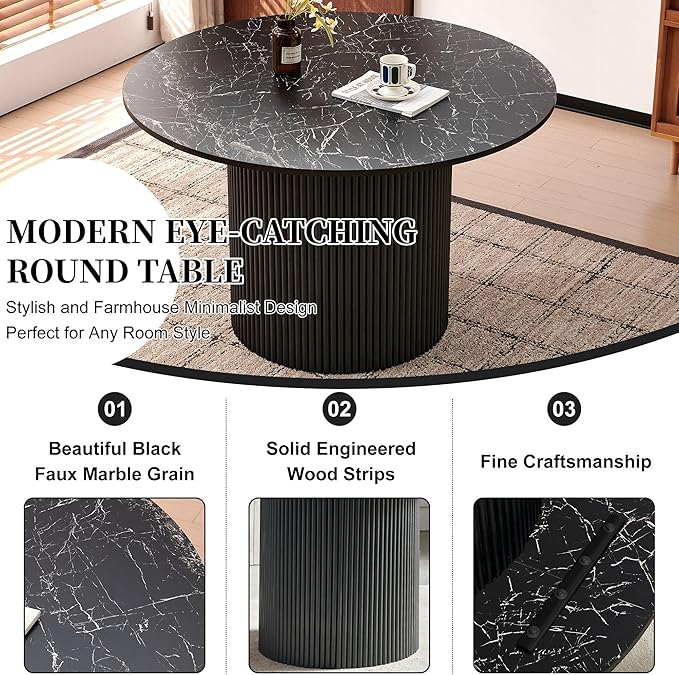 Black Dining Table Set for 4, 5-Piece Mordern Kitchen Dining Room Table Set, 47-Inch Round Breakfast Nook Dinner Table Fluted and Upholstered Sherpa Fabric Dining Armchairs Set