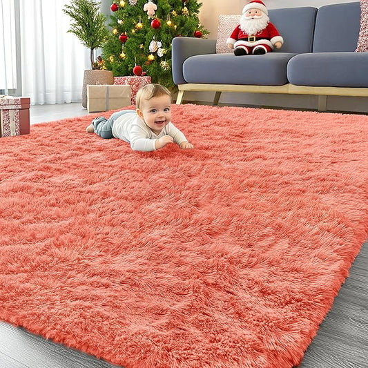 OLANLY 8x10 Machine Washable Large Area Rugs for Living Room, Bedroom, Soft Fluffy Shaggy Bedside Rug, Indoor Floor Carpet for Kids Girls and Boys, Dorms, Nursery, Home Decor Aesthetic, Coral Red