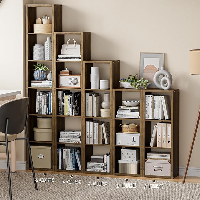 Cube Storage Organizer Bookcase, Small 4 Tier 11 inch Open Back Cubical Shelf with Thickened Border, Display Bookshelf for Living Room, Home Office, Sturdy Room (Brown, 4 Cube,Vertical)