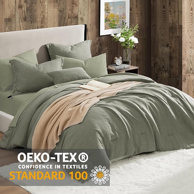Geniospin California King Comforter Set - 7 Pieces Sage Green Cal King Bedding Set, Solid Bed Set for All Season, Textured Bed in a Bag with Flat Sheet and Fitted Sheet, Pillowcases and Shams