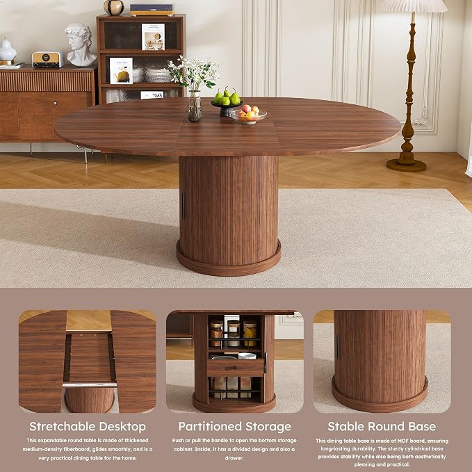 47"-59" Extendable Round Dining Table for 4-6,Mid Century Modern Walnut Wood Grain Table,Storge Kitchen Table with Storage Dining Table with Double Shelves and Sliding Doors for Small Spaces
