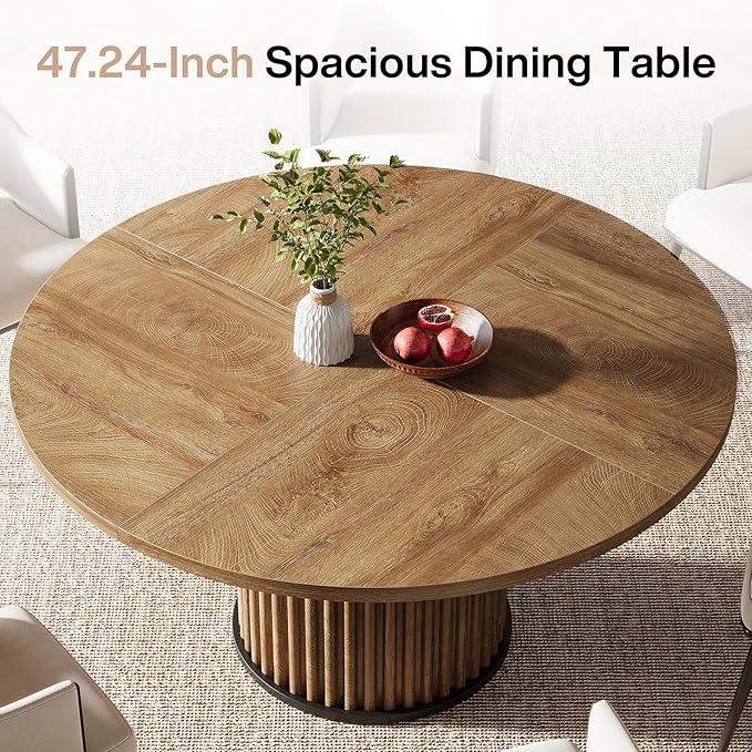 Tribesigns 47.24-Inch Brown Round Dining Table for 4-6 People, Modern Fluted MDF + Metal Base Kitchen Table, Sturdy Circle Dining Room Furniture, Brown