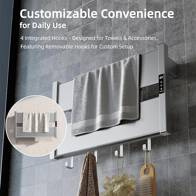 K&KALONZO Towel Warmer for Bathroom, Wall-Mounted Heated Towel Rack with Built-in Timer, Waterproof Alumnimum Electric Towel Heater, Support Plug-in and Hardwired, Sliver, H2-S