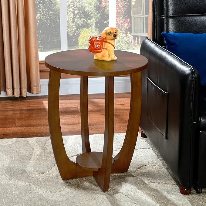 Wood Farmhouse End Table with Storage Shelf, 2-Tier Side Table with Curved Legs & Lower Removable Shelf, Accent Table for Living Room, Walnut Finish & Easy Assembly, Dark Brown