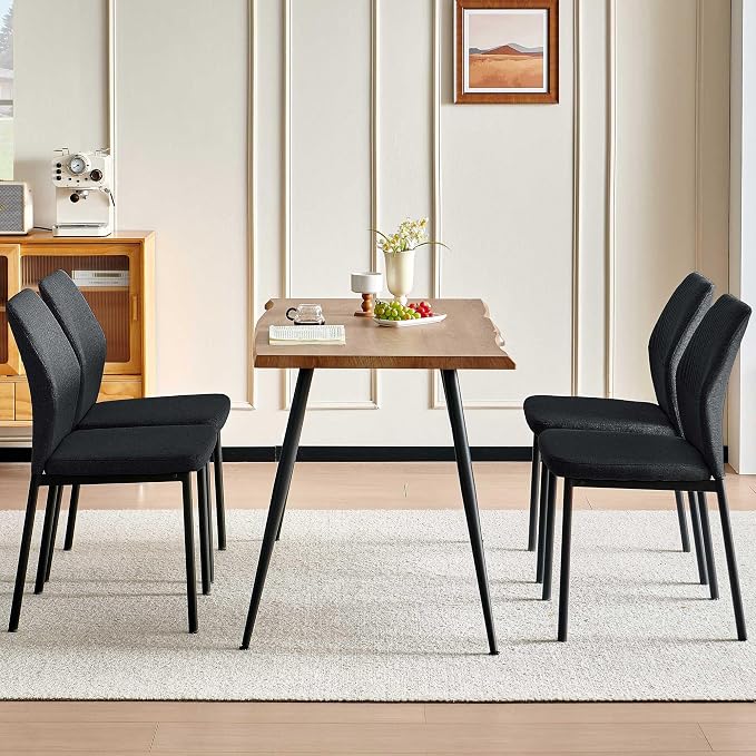 Dining Table Set for 4, Modern Wood Irregular Rectangle Dining Table, Linen Fabric Dining Chairs 4,Table and Chairs Set of 4 for Kitchen Dining Room, Black