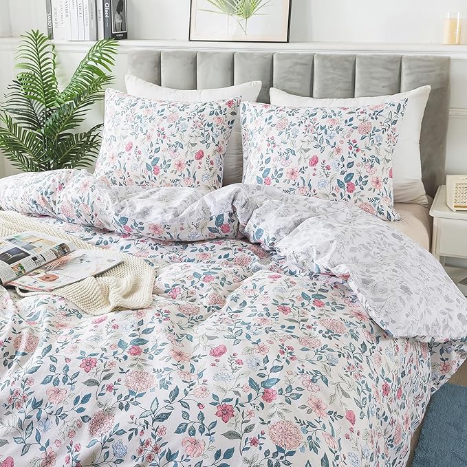 HoneiLife King Size Duvet Cover - Cotton Comforter Cover, Soft & Breathable Floral Bedding Duvet Cover Sets with Zipper Closure & Corner Ties, 3-PC Wildflower Comforter Cover Sets, Carnation