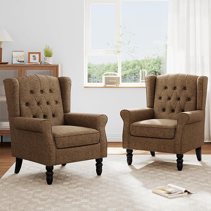 Accent Chairs Set of 2, High Back Upholstered Chair with Button Tufted, Mid-Century Modern Comfy Wingback Chair Reading Armchair in Fabric for Living Room for Bedroom, Office-Brown