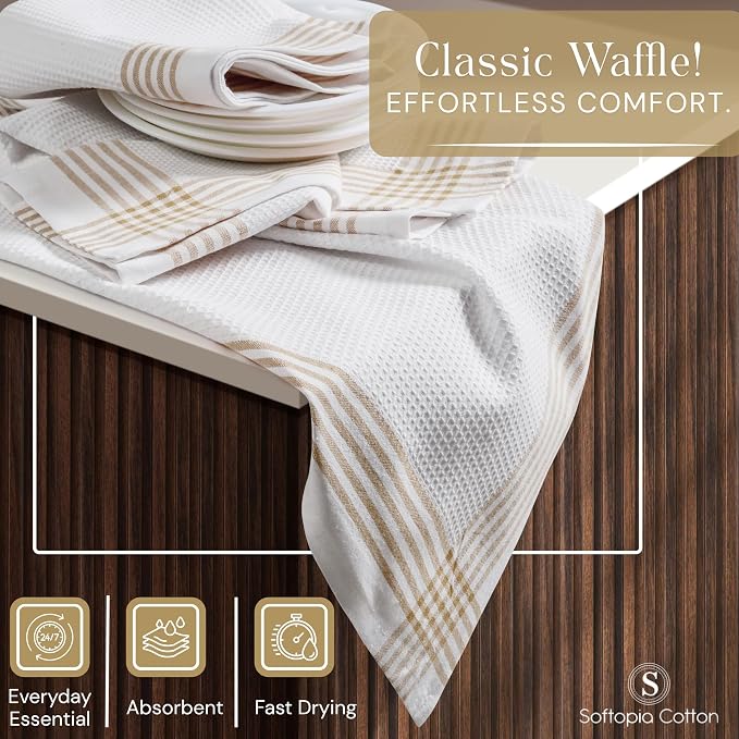 Waffle White & Multi Colors Kitchen Towels 12 Pack, 100% Cotton, 16x26 inches, Durable Dish Towel, Quick Dry Dishcloths, Ideal for Drying, Wiping - Beige, Black, Burgundy Wine