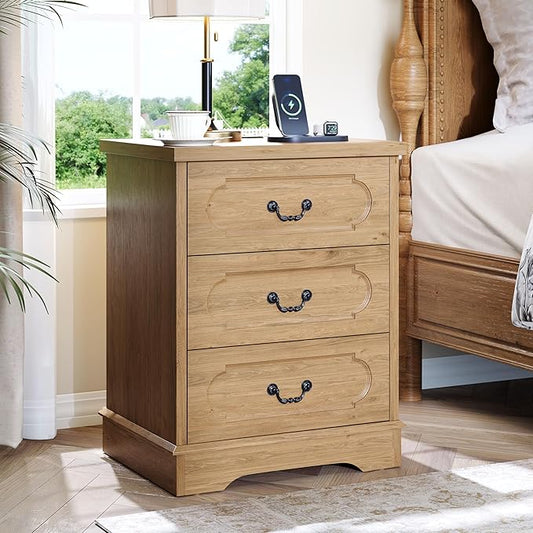 LIDYUK 3 Drawer Dresser for Bedroom Farmhouse Natural Wood Chest of Drawers Bedroom Dresser with Charging Station, Rustic Small Drawers Dressers Nightstand Wooden Closet Storage Cabinet, Living Room