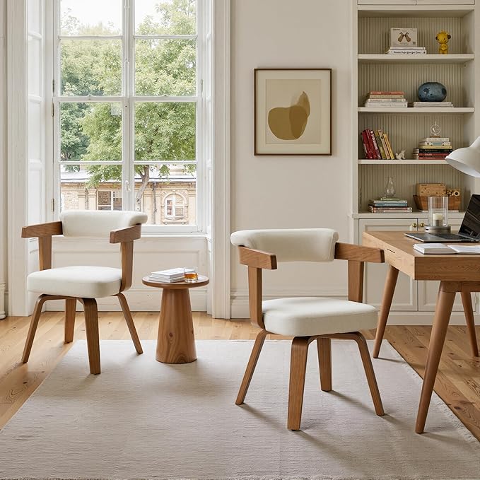 Art Leon Office Chair No Wheels - Mid Century Modern Desk Chair, Fabric Upholstered Accent Arm Chair with Wood Legs for Small Spaces Home Office Living Room Bedroom Study, Off White/Walnut
