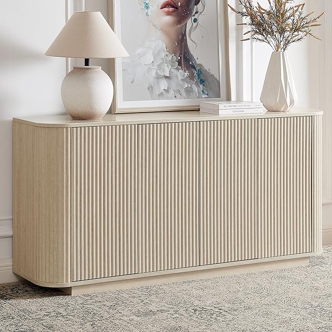 LKTART 64" Buffet Cabinet with Storage, Modern Fluted Accent Sideboard Media Console Credenza with Adjustable Shelves Pressed Spring for Kitchen Living Room,31.5" H (Rock Grey)