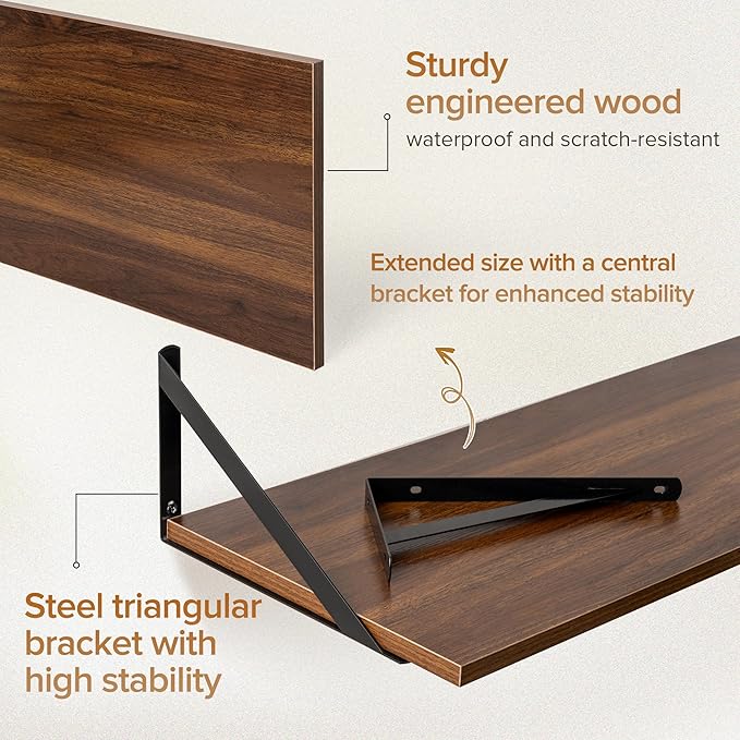 Deep Floating Shelves Wall Mounted, 48"x12" Walnut Wall Shelves with Brackets Set of 2 for Bedroom, Living Room, Bathroom, Kitchen, Office - Storage & Display Shelf for Decor, Books, Plants