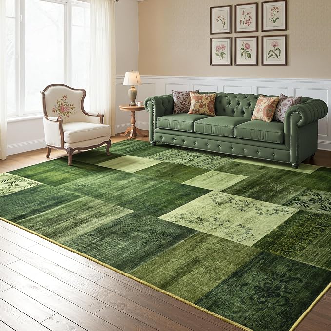 Tepook 6x9 Green Area Rugs for Living Room, Modern Large Geometric Rug for Bedroom, Washable Patchwork Rug Indoor Non Slip Throw Carpets for Dining Room Office Farmhouse Home Decor