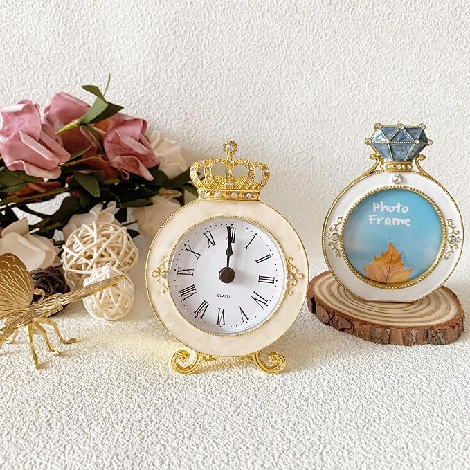 Vintage Mini Analog Table Clock, Silent Crown Table Clock with Hand-Painted Metal Body and Battery Operated Non-Ticking Core for Shelf, Living Room, Bedroom, Bedside, Desk