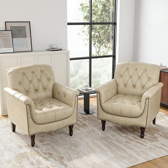 Faux Leather Club Chair, Retro Upholstered Armchair Accent Chair with Solid Wood Legs & Nailhead Trim for Living Room, Bedroom, Reading Room, Beige