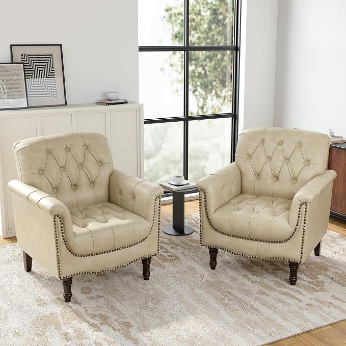 Faux Leather Club Chair, Retro Upholstered Armchair Accent Chair with Solid Wood Legs & Nailhead Trim for Living Room, Bedroom, Reading Room, Beige