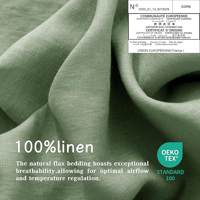 EVERLY Linen Sheets Set Full Size,100% French Stonewash Pure Linen Sheets Set,4Pieces (1Flat Sheet,1Fitted Sheet,2Pillowcase) Suitable for Hot Sleepers,Deep Pocket Natural Bedding Set-Saga Green