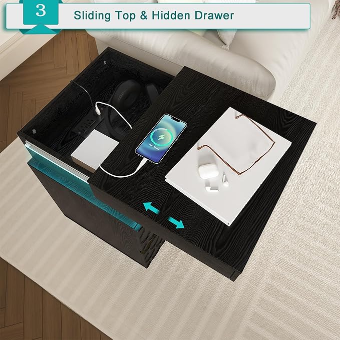 Led Nightstand with Charging Station, Hexagonal Fluted Night Stand with Sliding Top, Wooden Bedside Table with 3 Drawers, Modern Bed Side End Table for Bedroom, Living Room, Black