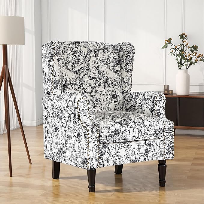 High Back Accent Chairs Set of 2, Fabric Upholstered Armchair Floral Wingback Chair for Living Room, Comfy Single Sofa Solid Wood Legs Bedroom Reading Seat - Rococo Black