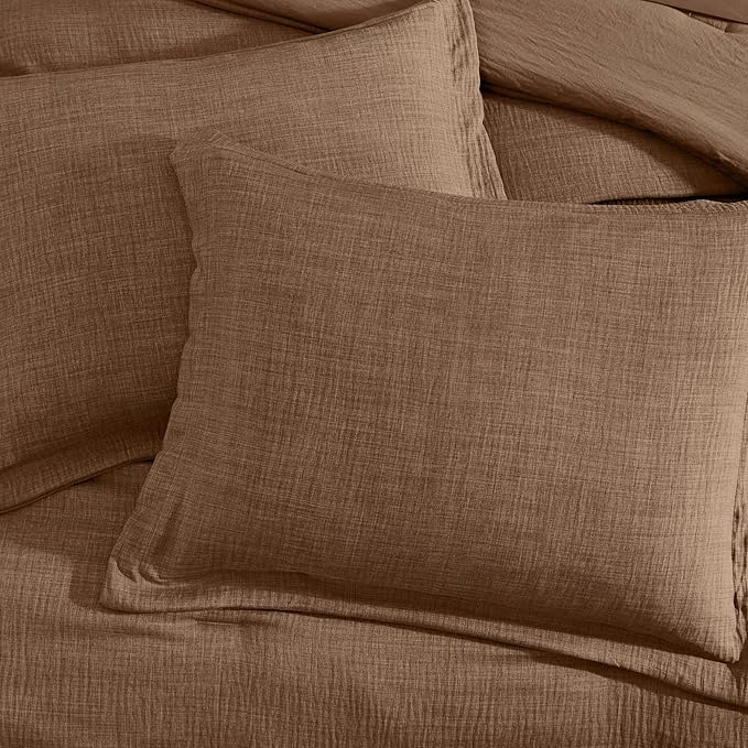 Geniospin Oversized Queen Comforter Sets - 7 Pieces Brown Oversized Queen Bedding Set, Solid Bed Set for All Season, Textured Bed in a Bag with Flat Sheet and Fitted Sheet, Pillowcases and Shams