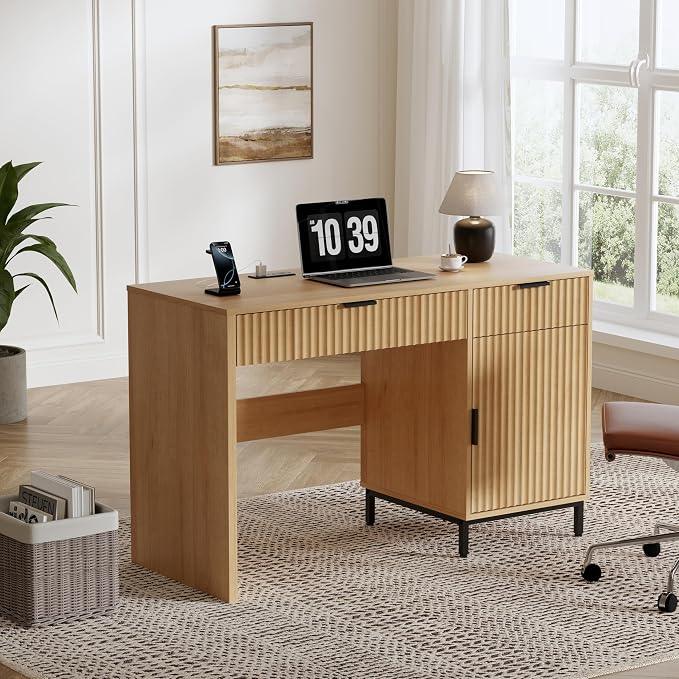 47" Executive Desk with Fluted Drawers, Wooden Home Office Desk with Storage Cabinet, Charging Station, Metal Legs Modern Farmhouse Computer Desk for Work, Study Natural Oak