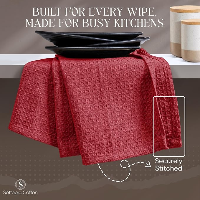Red Waffle Kitchen Dish Towels, 100% Cotton, Quick Dry, Super Absorbent, Soft, Lint-Free, 16x26 Inches - Ideal for Dish Drying, Bar, Tea, Cleaning, and Everyday Use, 12 Pack
