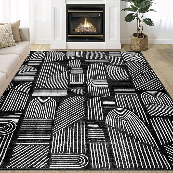 MUJOO 5x7 Washable Area Rug,Mid Century Modern Abstract Non Slip Low Pile Rug,Black and White Rug for Living Room Bedroom Dining Room