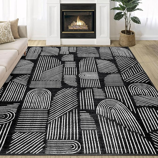 MUJOO 5x7 Washable Area Rug,Mid Century Modern Abstract Non Slip Low Pile Rug,Black and White Rug for Living Room Bedroom Dining Room
