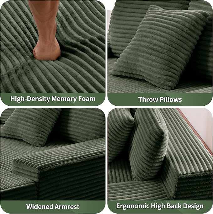59 Inch Boneless Chaise Lounge Chair Indoor - Oversized Corduroy Upholstered Sleeper Sofa Bed Reading Chair, Cozy Cloud-like Boneless Loveseat Couch for Living Room, No Assembly Required,Green