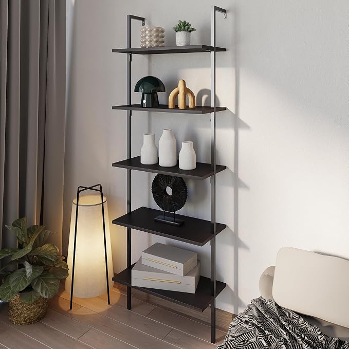 happimess MSH1001A Madera 72.05" Classic Industrial 5-Shelf Wood Wall-Mounted Open Ladder Bookcase with Metal Frame, Black