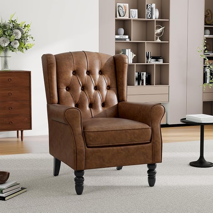 Pia Ricco Set of 2 Mid-Century Modern Wingback Accent Chairs - Luxe Brown Faux Leather with Wooden Legs, Easy-Clean PU Leather for Living Room, Lounge, Home Theater & Dining Room