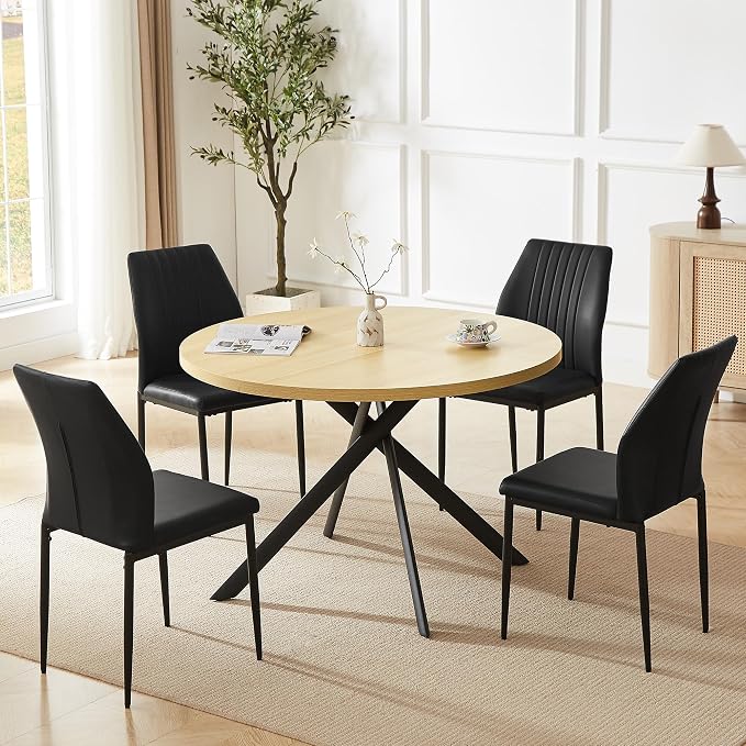 HIPIHOM 45.3 Inch Round Dining Table Set for 4, Mid Century Modern Coffee Set for Dining Room Kitchen Apartment (Cream Table + 4 Black Chairs)
