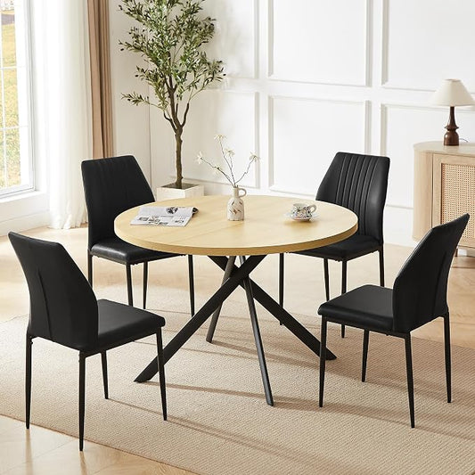 HIPIHOM 45.3 Inch Round Dining Table Set for 4, Mid Century Modern Coffee Set for Dining Room Kitchen Apartment (Cream Table + 4 Black Chairs)