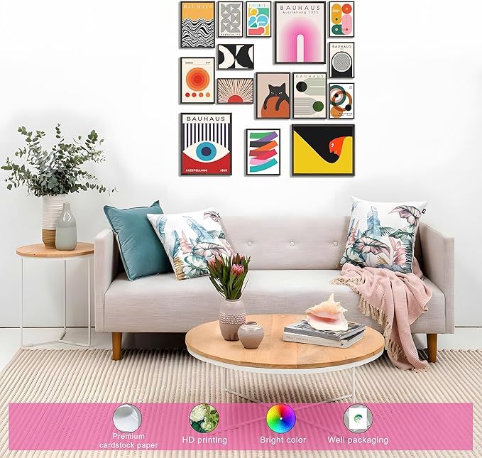 LANCHI95 15PCS Boho Wall Decor – Mid Century Modern Wall Art Boho Posters, Minimalist Posters for Living Room Aesthetic, Bauhaus Wall Art Abstract Poster, Collage Kit Pictures - UNFRAMED