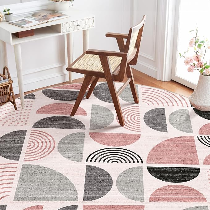 MUJOO Round Rugs 6ft,Circle Area Rug Washable,Circular Rugs for Living Room Dining Room,Large Boho Non Slip Throw Floor Carpet Modern Abstract Pink and Grey
