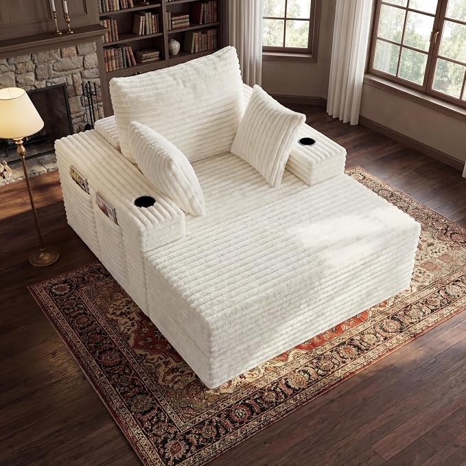 85" Oversized Chaise Lounge Chair Convertible 2-in-1 Boneless Sleeper Couch Bed Indoor Comfy Cloud Corduroy Reading Armchair sofa with Storage Pockets&Cup Holders for Bedroom,Living Room,Beige