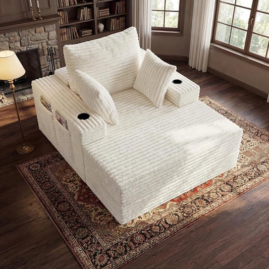 85" Oversized Chaise Lounge Chair Convertible 2-in-1 Boneless Sleeper Couch Bed Indoor Comfy Cloud Corduroy Reading Armchair sofa with Storage Pockets&Cup Holders for Bedroom,Living Room,Beige